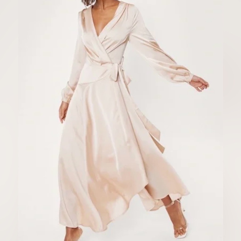 Nasty Gal Silk-Look Wrap Maxi Dress in Blush